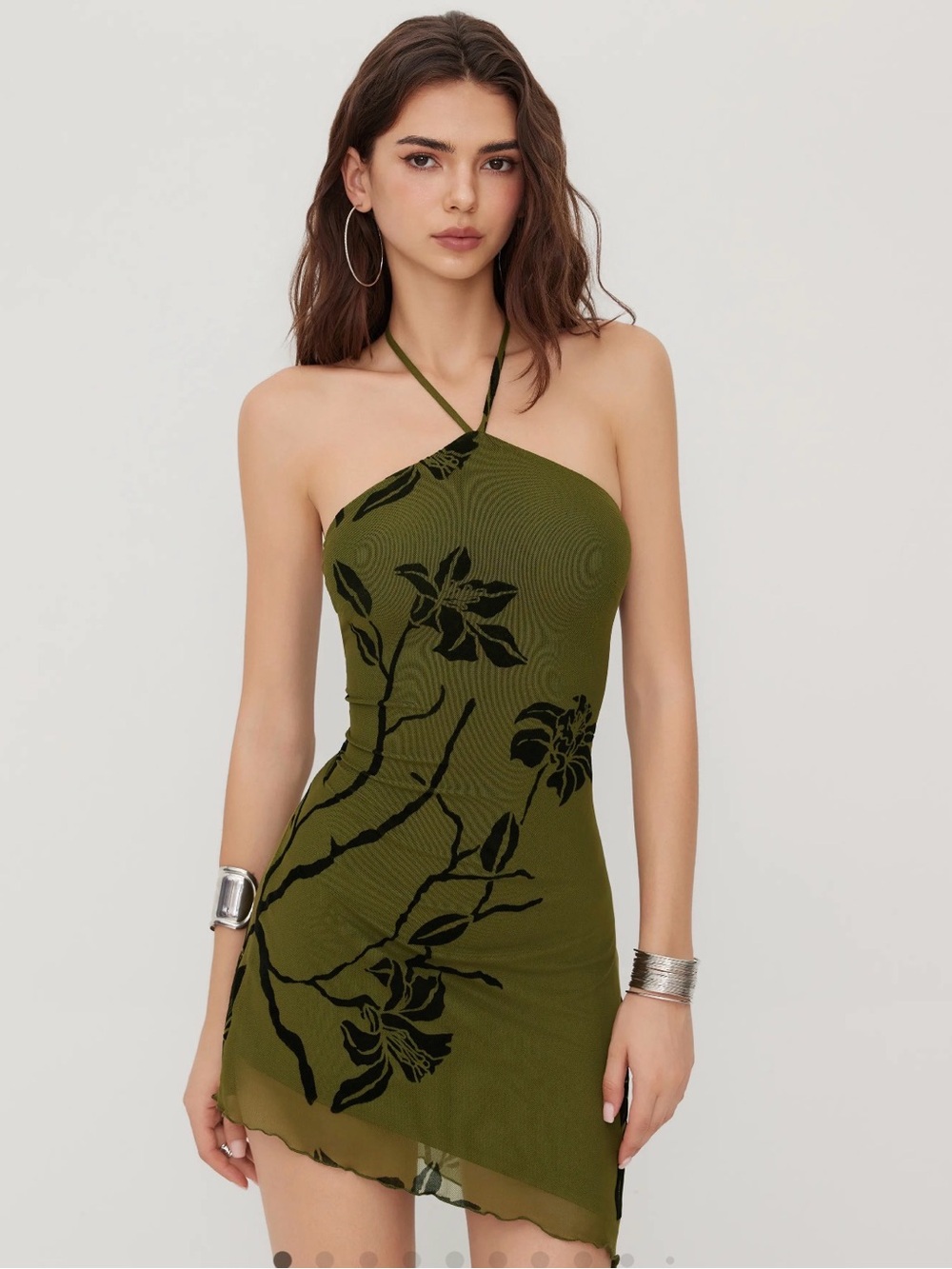Cider Olive Green Halter Floral Mini Dress